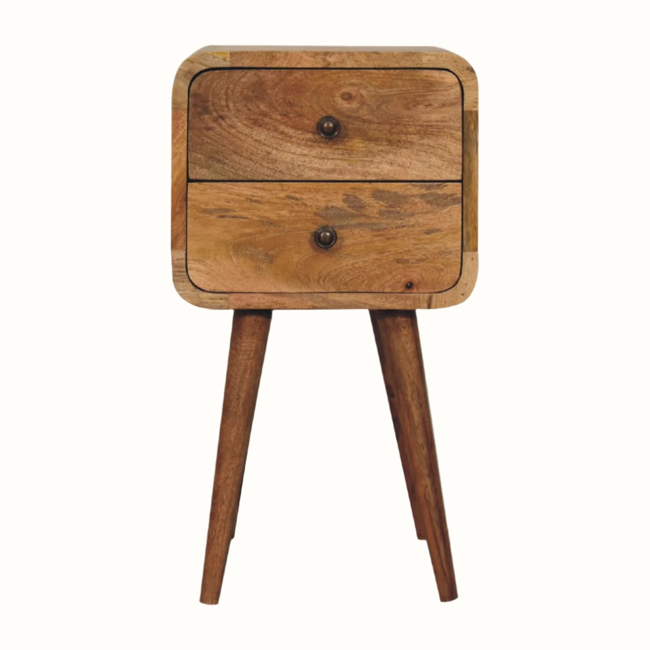 A small natural wood bedside table with two drawers and four Nordic-style legs.