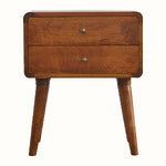 Scandinavian style bedside table in a dark brown wooden stain.