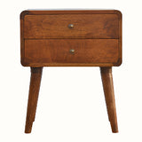 Scandinavian style bedside table in a dark brown wooden stain.