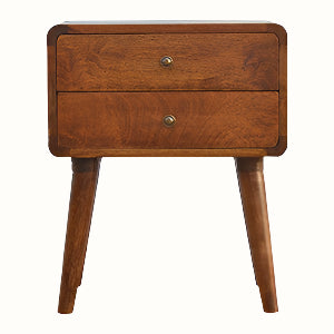 Scandinavian style bedside table in a dark brown wooden stain.