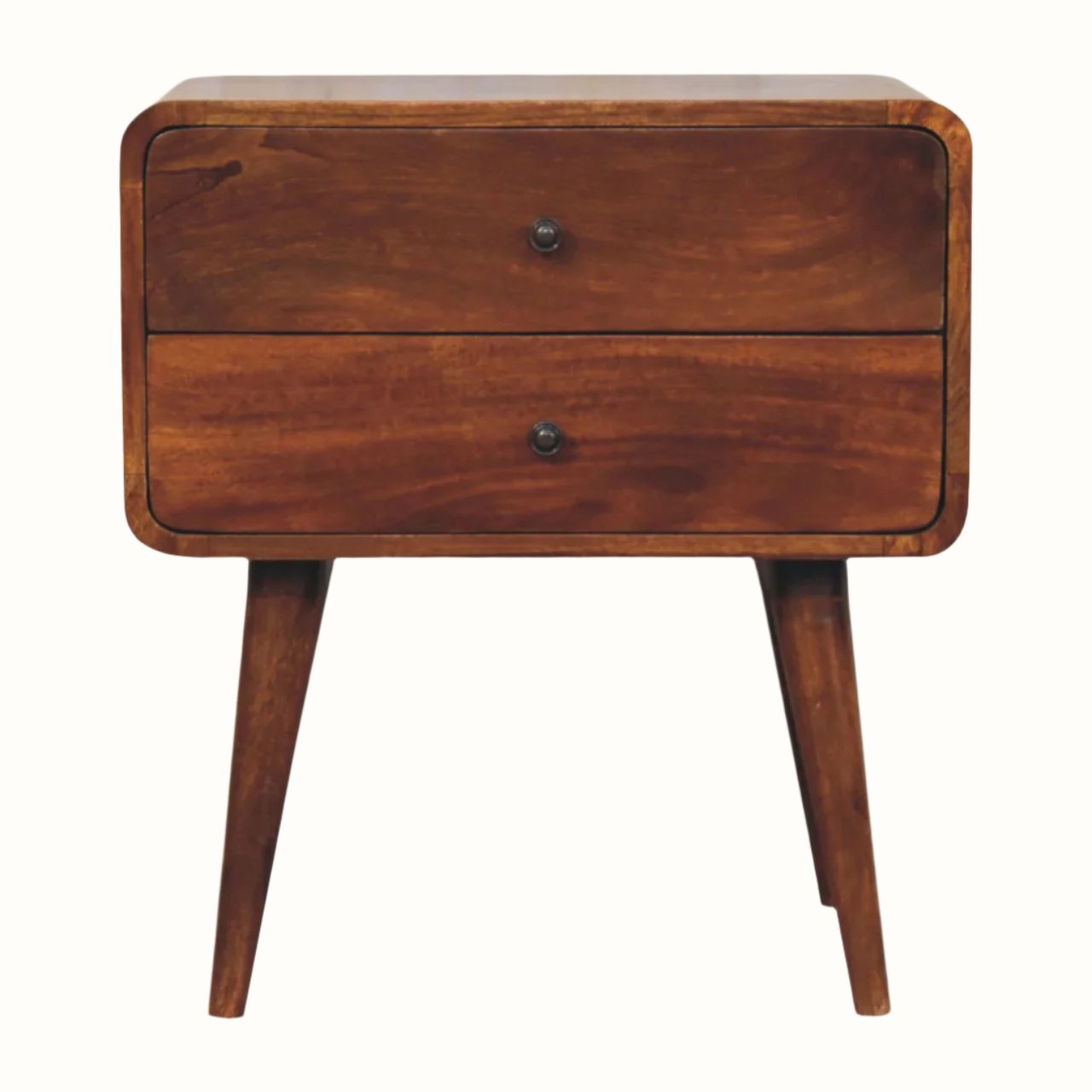 A chestnut-finished Hamade bedside table with two drawers and four Nordic-style legs.