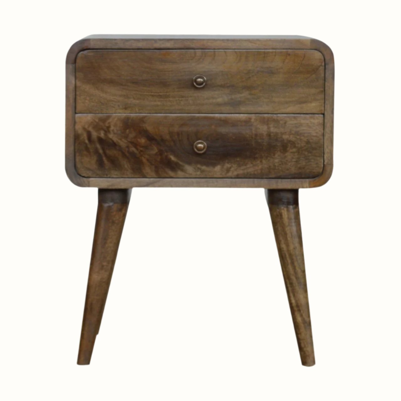 Curved bedside, made from mango wood in a grey wash stain.