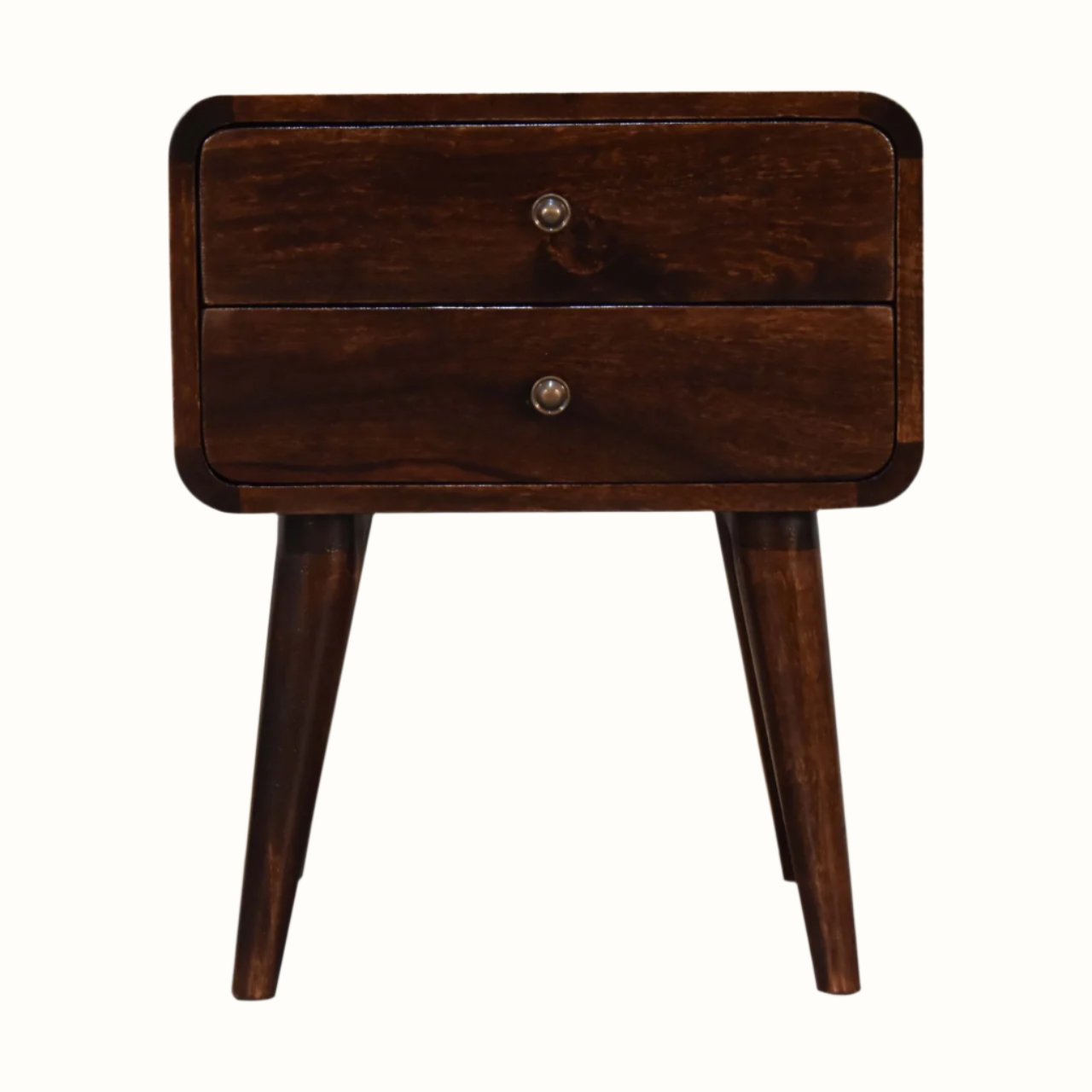 Curved bedside table, in dark wood finish, with two drawers, brass hardware and tapered legs.
