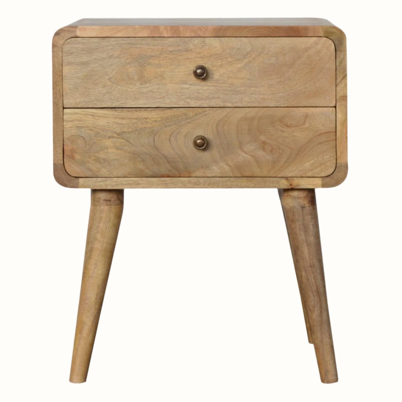 Curved bedside with 2 drawers in a light brown wooden stain.