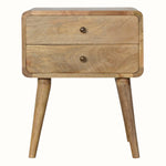 Curved bedside with 2 drawers in a light brown wooden stain.