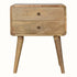 Curved bedside with 2 drawers in a light brown wooden stain.