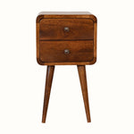 A small chestnut-colored bedside table with two drawers and four Nordic-style legs.
