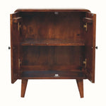 Wooden cabinet with open doors on a white background
