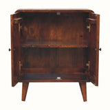 Wooden cabinet with open doors on a white background