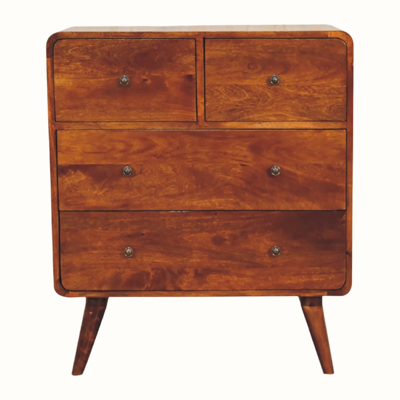A Scandinavian-style chest of drawers made of solid mango wood with a chestnut finish, featuring four drawers with brass knobs and a visible record player surface.