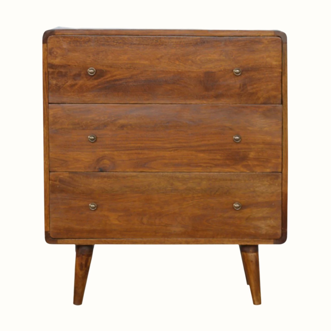 Curved chest of 3 drawers made from mango wood in a dark brown stain.