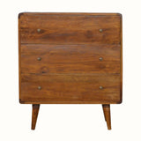 Curved chest of 3 drawers made from mango wood in a dark brown stain.