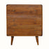Curved chest of 3 drawers made from mango wood in a dark brown stain.
