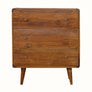 Curved chest of 3 drawers made from mango wood in a dark brown stain.