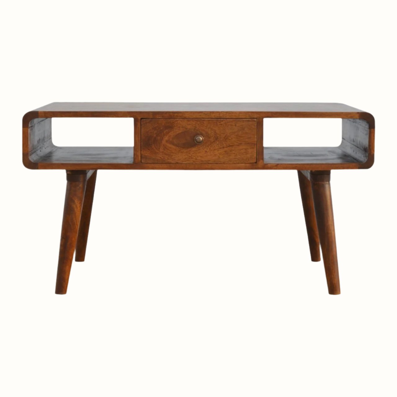 A rectangular Hamade coffee table with chestnut finish, featuring two open slot shelves and two drawers, supported by four short tapered legs with brass knobs.