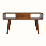 A rectangular Hamade coffee table with chestnut finish, featuring two open slot shelves and two drawers, supported by four short tapered legs with brass knobs.