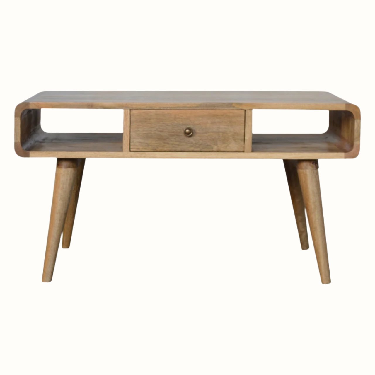 A natural finish Hamade coffee table with two open slot shelves, two drawers, and four short tapered legs with brass knobs.