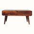 Curved coffee table, made from mango wood in dark brown finish, featuring storage drawers, brass knobs and tapered legs.