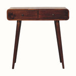 A rectangular chestnut-colored console table with two drawers and brass knobs, featuring long tapered legs.