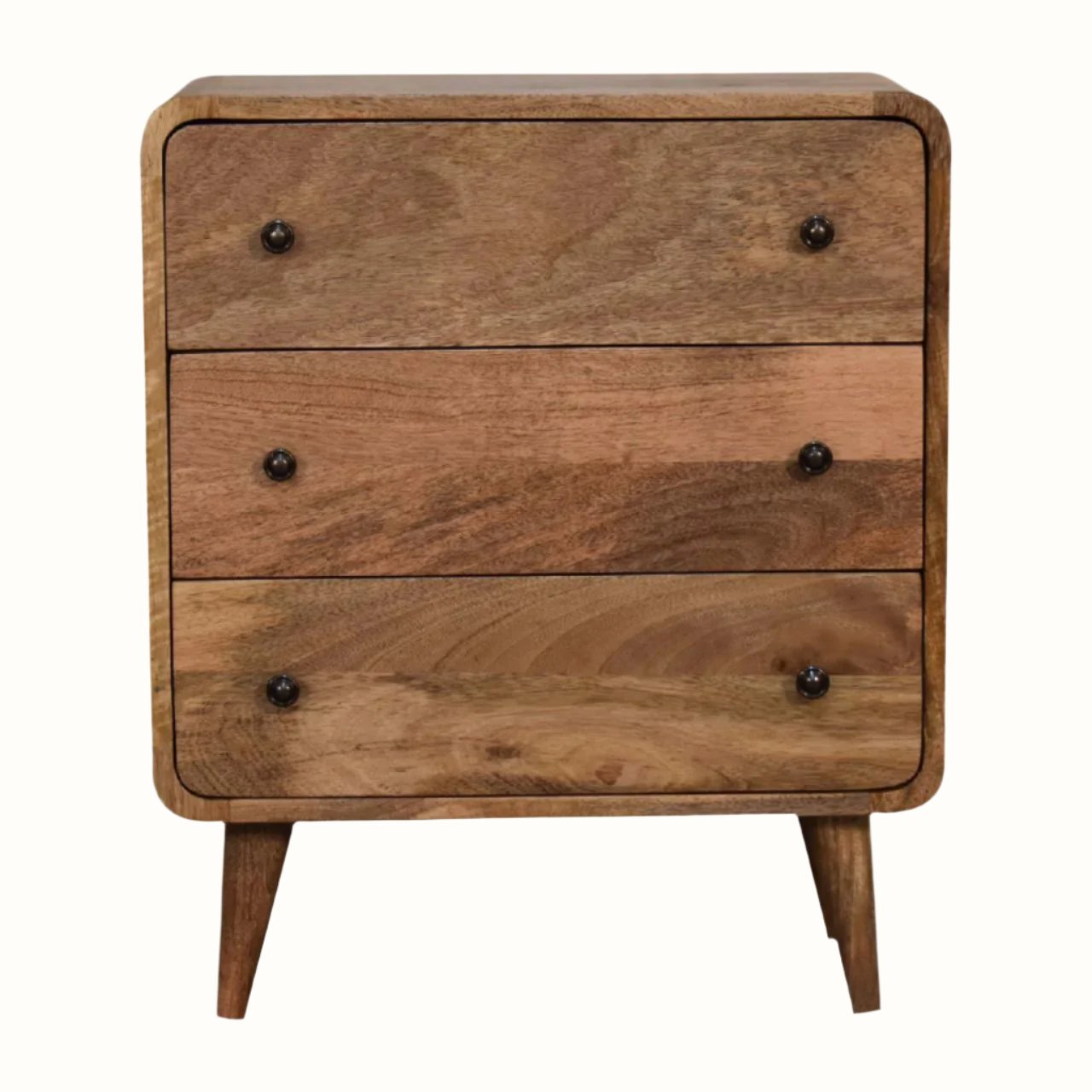 A small chest of drawers with a natural finish, featuring three horizontal drawers with brass knobs and a rectangular shape on four angled legs.