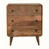 A small chest of drawers with a natural finish, featuring three horizontal drawers with brass knobs and a rectangular shape on four angled legs.