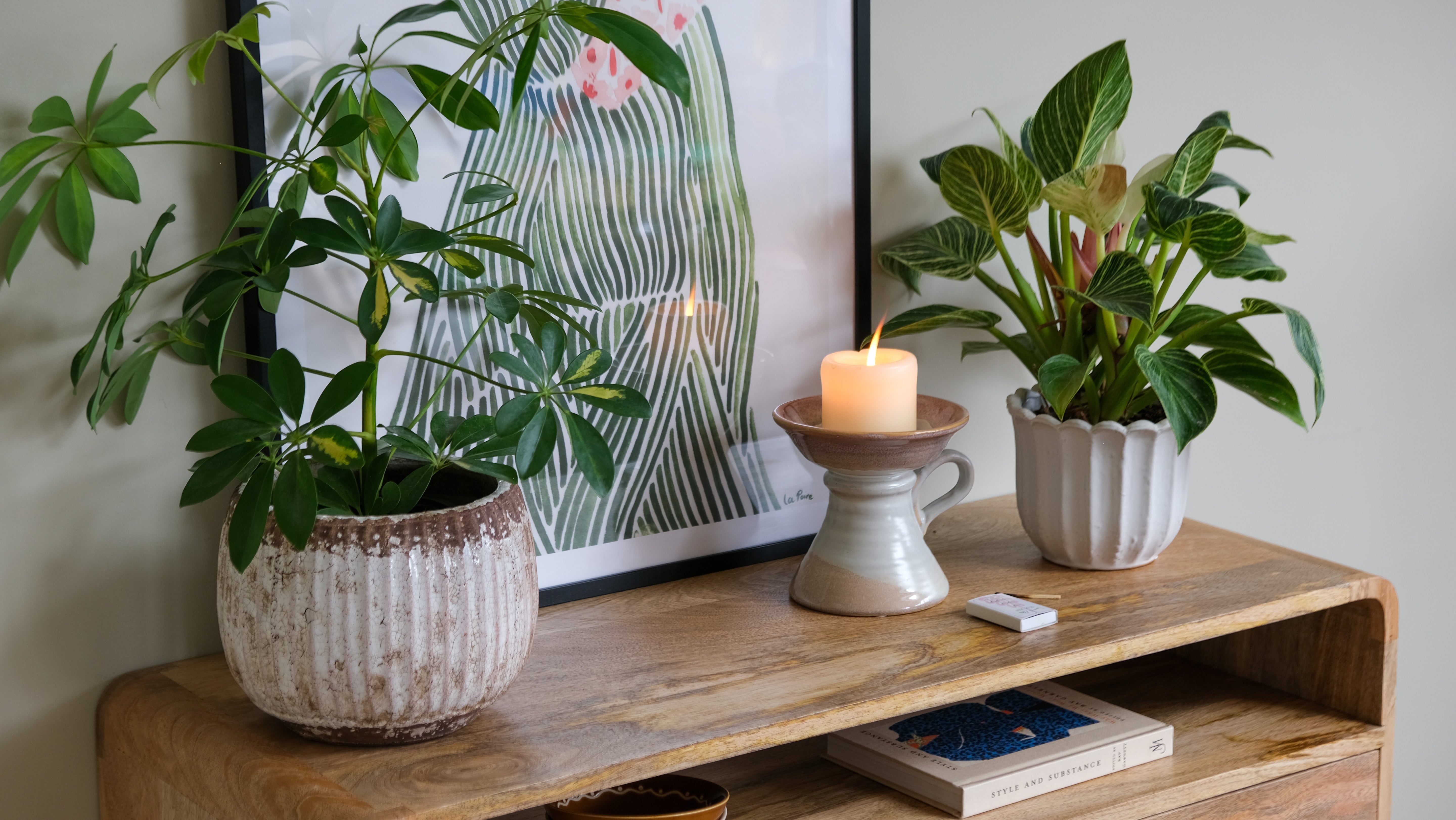 Wooden shelf with potted plants, a candle, and a framed artwork on a neutral wall.