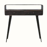 A curved wooden console table with a walnut finish, featuring brass knobs and long tapered legs.