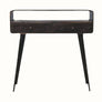 A curved wooden console table with a walnut finish, featuring brass knobs and long tapered legs.
