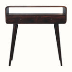 Curved console table, made from wood in a dark brown finish, with two drawers and an open slot shelf.
