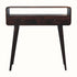 Curved console table, made from wood in a dark brown finish, with two drawers and an open slot shelf.