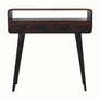 Curved console table, made from wood in a dark brown finish, with two drawers and an open slot shelf.
