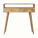 Light brown curved console table, made from solid wood, with an open slot shelf, and two drawers with brass knobs.