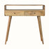 Light brown curved console table, made from solid wood, with an open slot shelf, and two drawers with brass knobs.