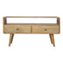 A natural finish Hamade TV stand with an open shelf and two drawers with brass knobs, made from solid mango wood.