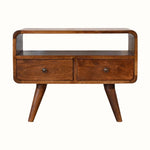A small open TV stand made of solid mango wood with a chestnut finish, featuring two drawers and a lower shelf.