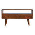 A chestnut finish TV stand with an open shelf and two drawers with brass knobs, featuring a medium-sized flat screen TV.