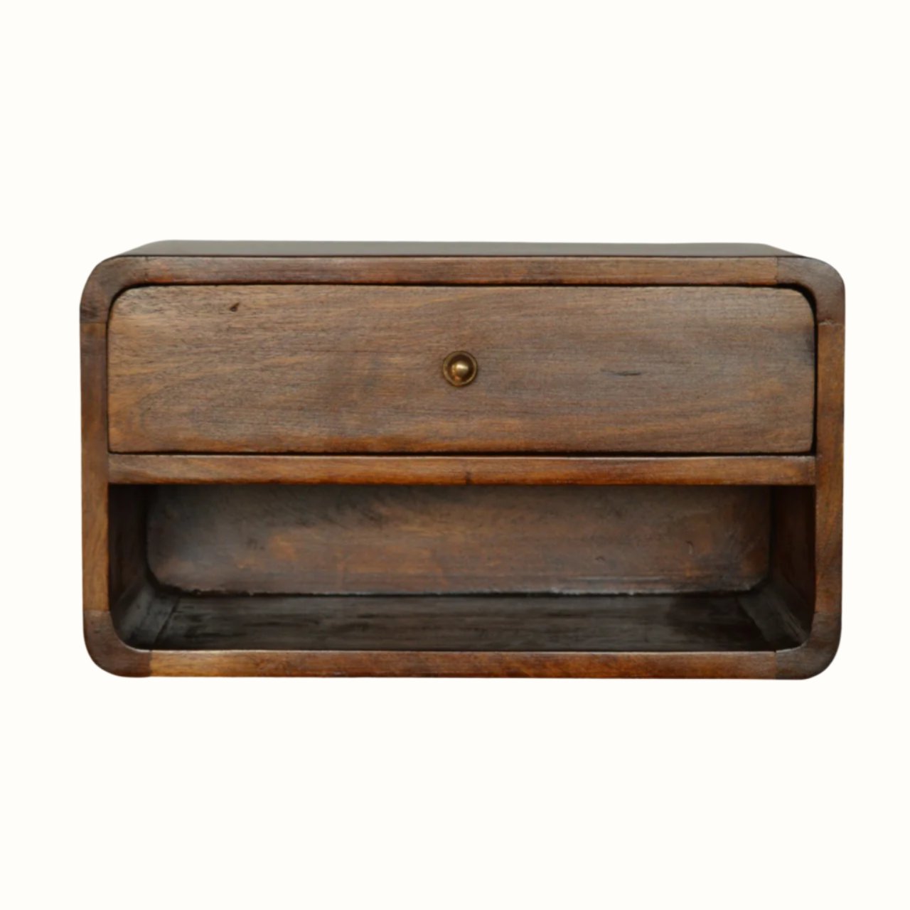Curved wall mount bedside, made from wood in chestnut stain.