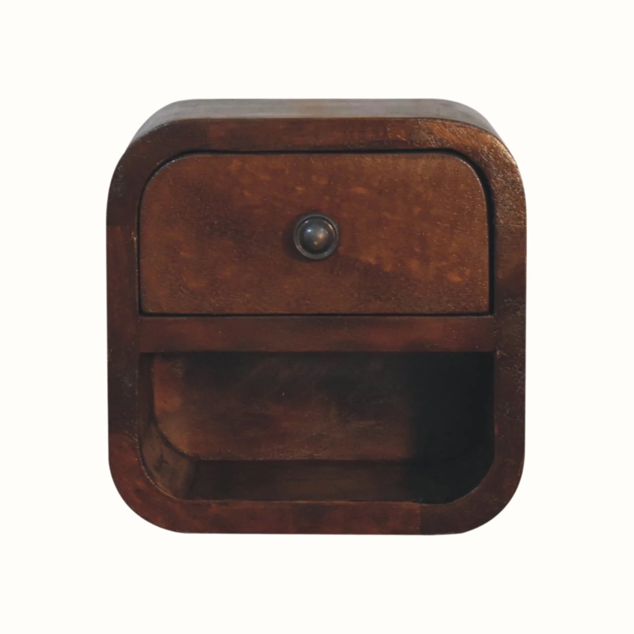 A brown, wall-mounted bedside table with a single drawer and an open shelf beneath it.