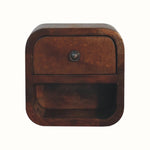 A brown, wall-mounted bedside table with a single drawer and an open shelf beneath it.