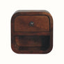 A brown, wall-mounted bedside table with a single drawer and an open shelf beneath it.