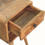 Wooden nightstand with open drawer on a white background