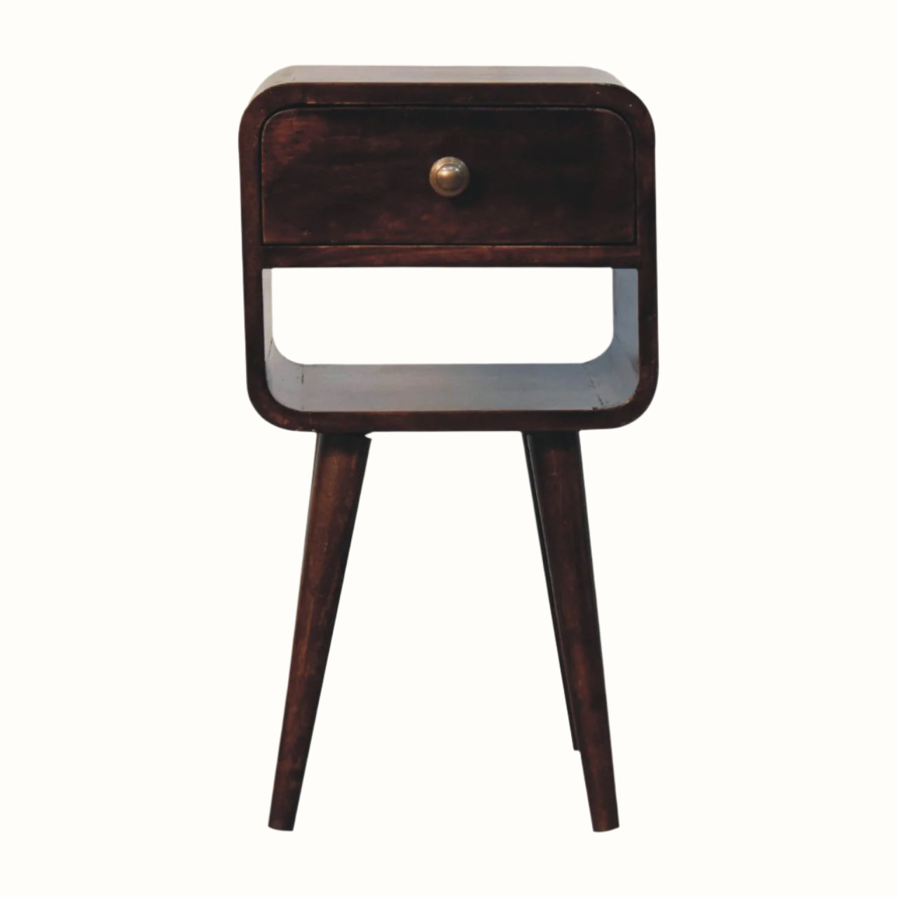 Small solid wood bedside with storage, a curved square body and tapered legs.