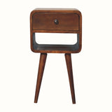 Wooden side table with a single drawer on a white background