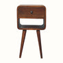 Wooden side table with a single drawer on a white background