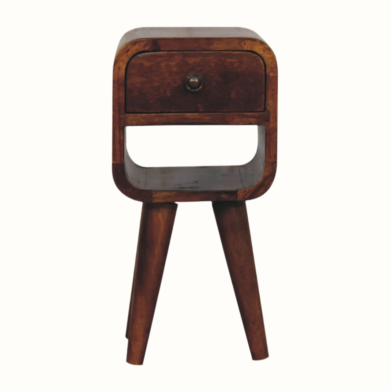 Solid wood small bedside table with a top drawer and bottom open slot shelf and tapered legs.