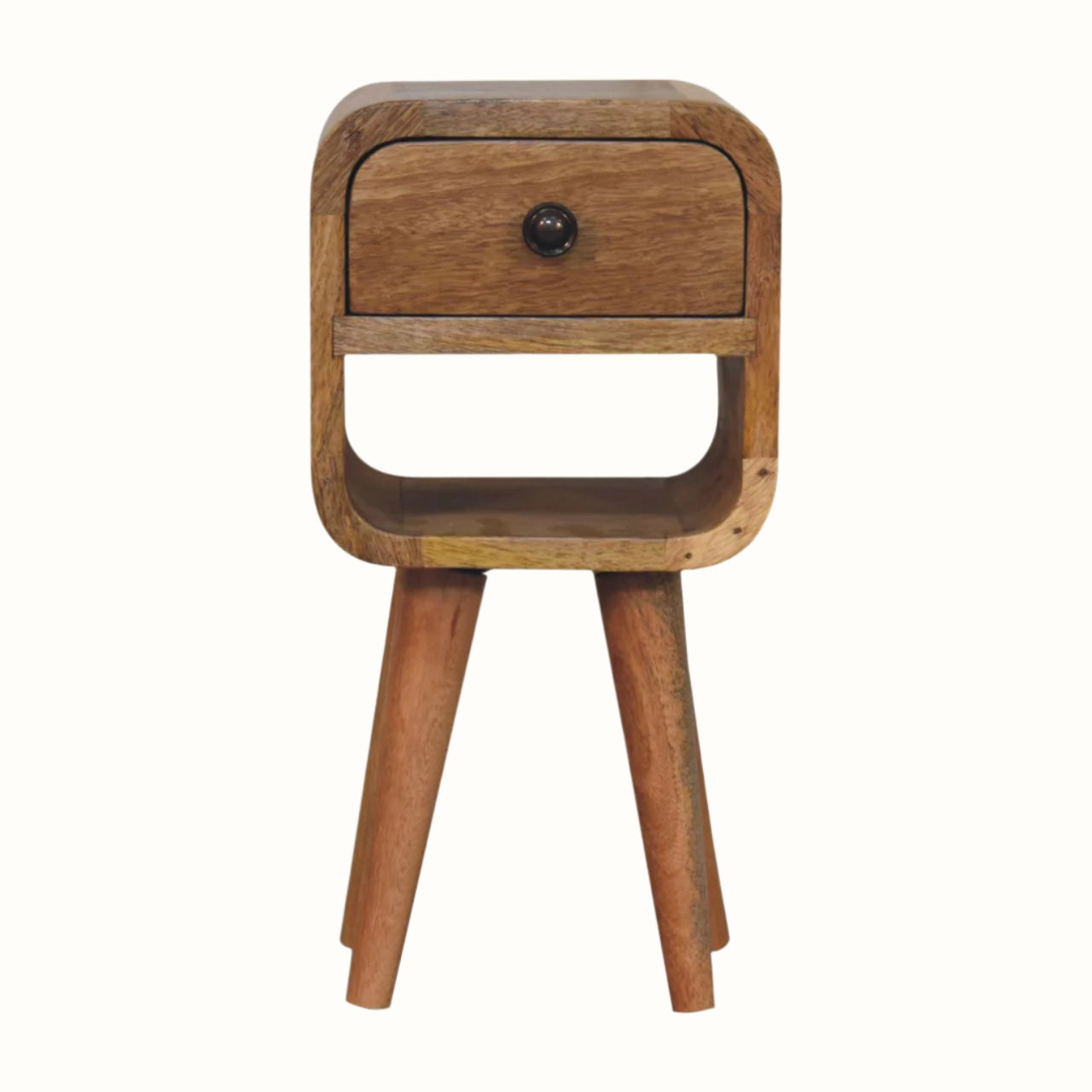 Compact bedside table with storage and tapered legs, in a light brown stain.