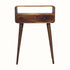 A small console table with a chestnut finish, featuring an open shelf, two drawers, and brass knobs, set on long tapered legs.