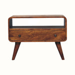 Curved wooden TV Stand in dark stain.