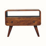 Curved wooden TV Stand in dark stain.