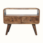 Curved wooden TV Stand in grey wash stain.
